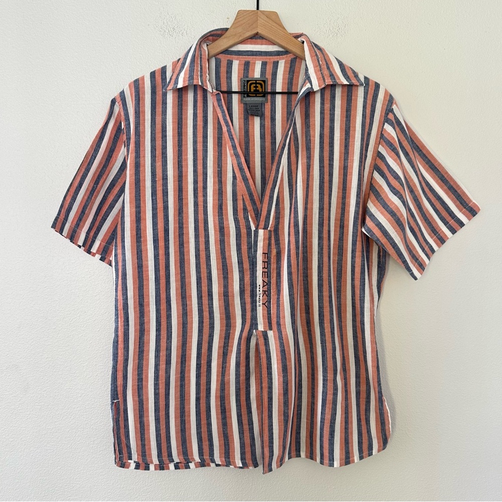 Vintage 100% LInen V Neck Italian Tee Shirt by Freaky Striped Blue White Orange